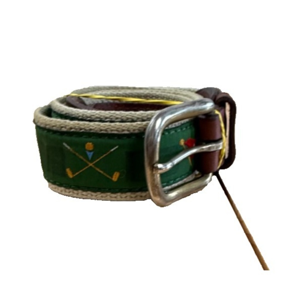 YRI Green Golf Woven Cotton Canvas Leather Brass VINTAGE Belt Size 44